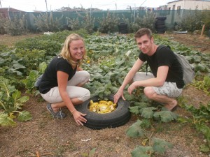 Beatrice and Sandro recycling the banana peels in the vegetable garden