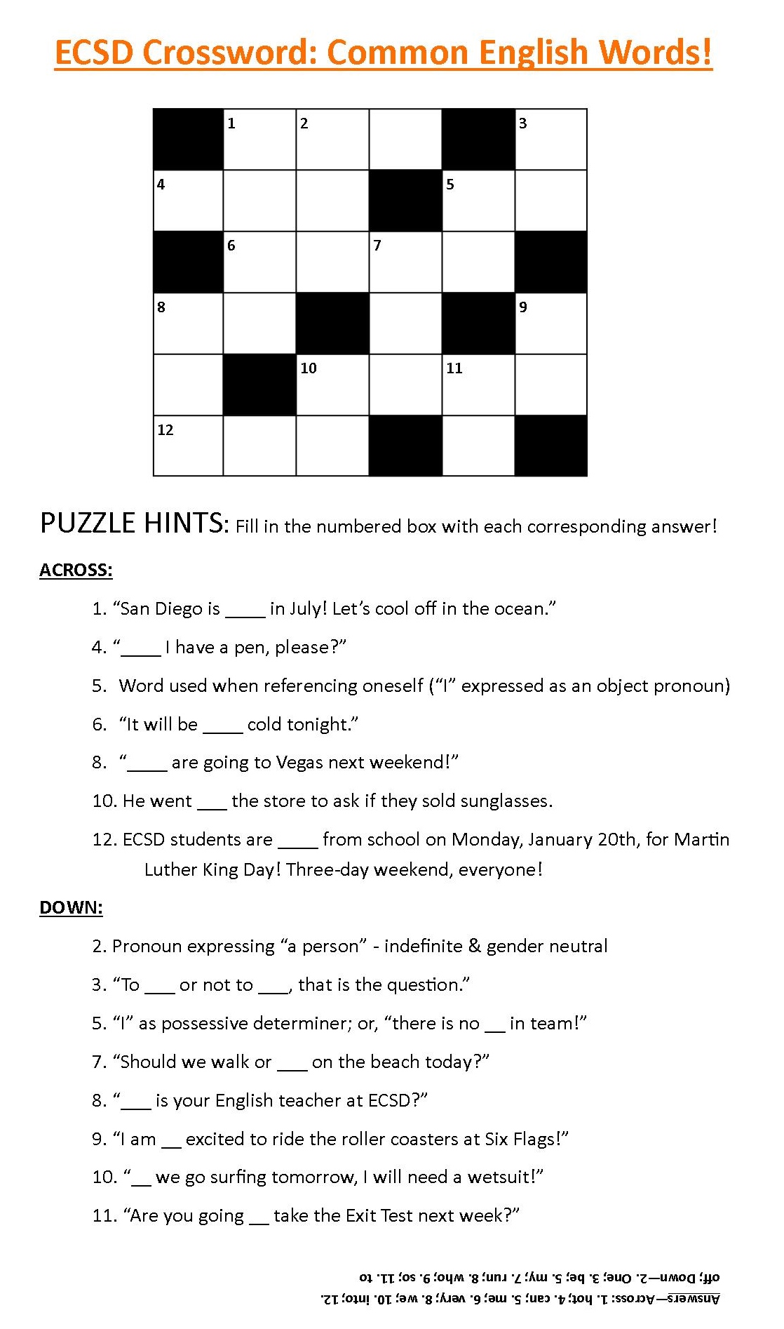 Test Your English with this ESL Crossword from EC San Diego EC San