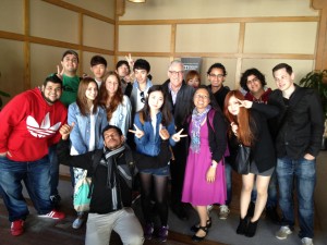 Cyndy (in the pink dress!) and her class in the lobby of Dolby Students.