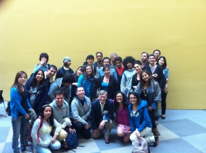 EC students & teachers with KQED staff, in front of the cameras.