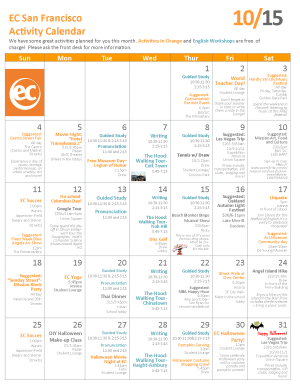 EC San Francisco's Scary October Activity Calendar