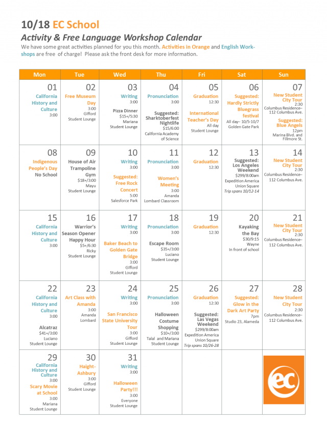 October Activity Calendar for EC San Francisco EC San Francisco Blog