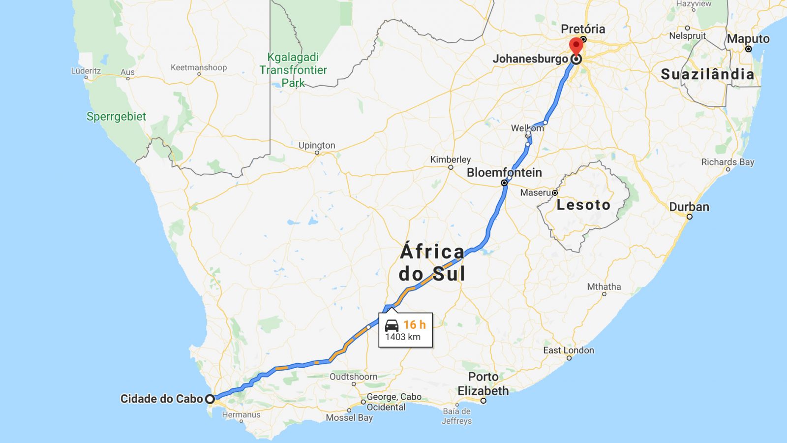 Mapa do trajeto da Cidade do Cabo a Joanesburgo, África do Sul