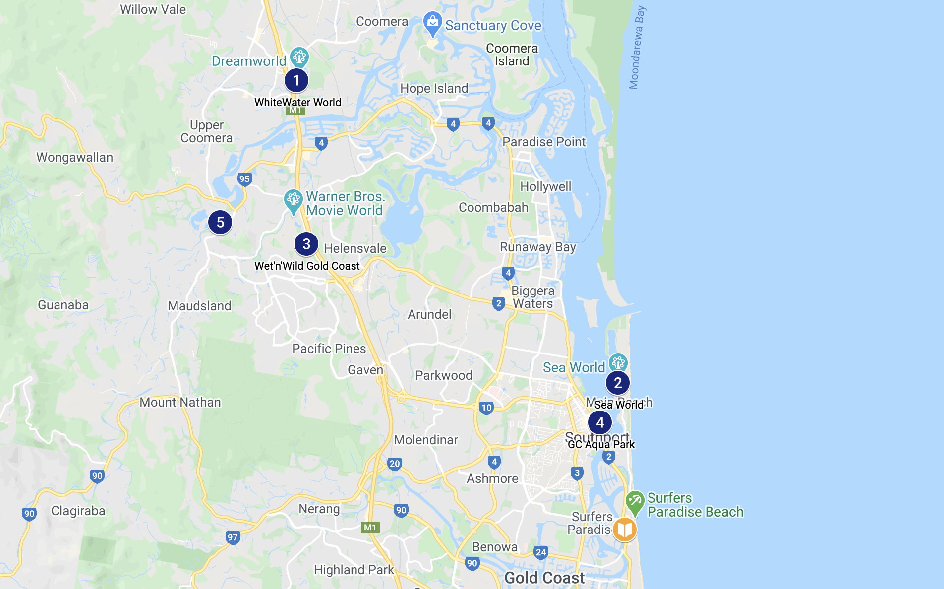 Mapa dos Parques Aquáticos de Gold Coast, Austrália
